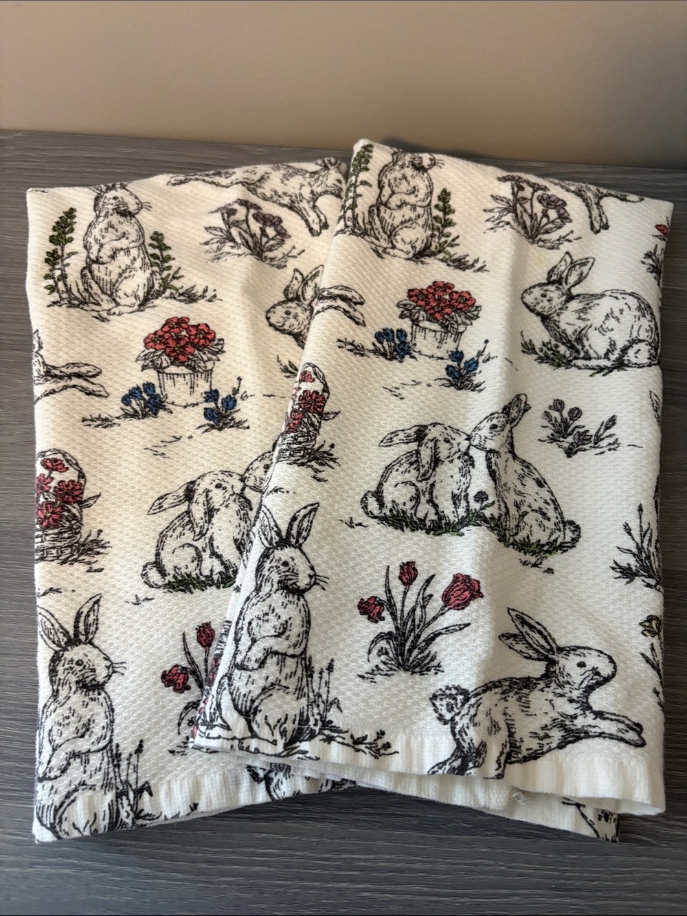 Shabby Chic Cream Kitchen Towels with Red and Blue Floral Bunny Print